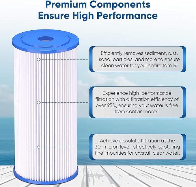 PUREPLUS 30 Micron 10" x 4.5" Whole House Pleated Sediment Filter for Well Water, Replacement Cartridge for GE FXHSC, Culligan R50-BBSA, Pentek R50-BB, DuPont WFHDC3001, W50PEHD, GXWH40L, 4Pack