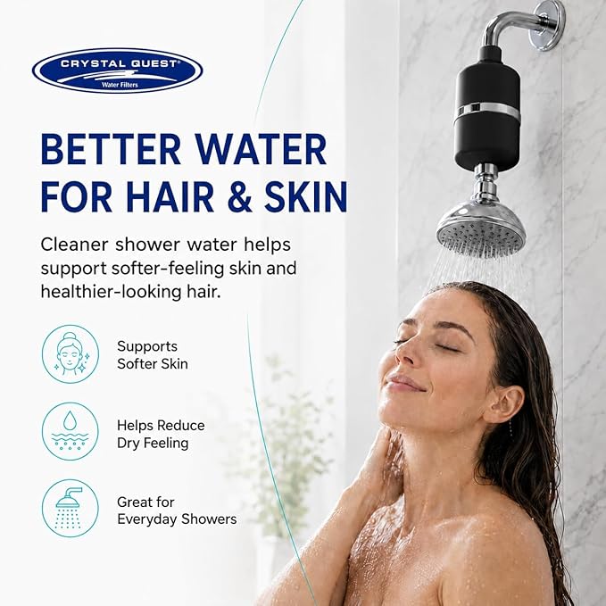 Crystal Quest Shower Filter, Shower Head Filter for Hard Water, Shower Water Filter Removes Chlorine, chloramines & VOCs, Filter Shower Head, Improves Skin & Hair, Long-Lasting - ISO Certified, Black