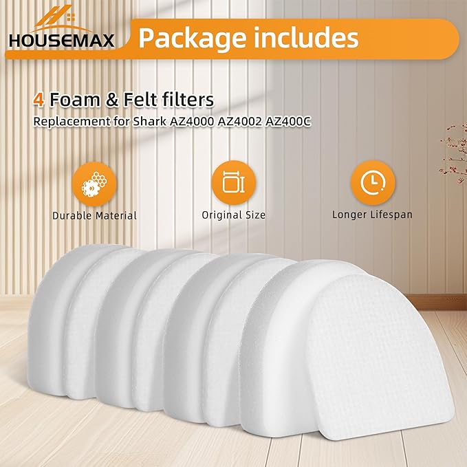 HOUSEMAX AZ4002 Filters for Shark Powerdetect Upright Vacuum Cleaner AZ4000 AZ4002 AZ4000C, 4 Foam & 4 Felt Replacement Filters Compare to Part #XFFKAZ4000