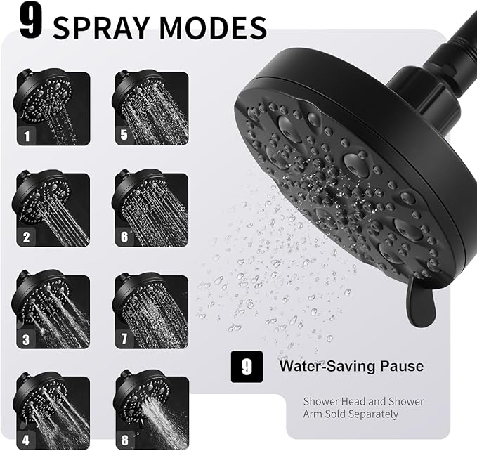 OFFO Shower Head, High Pressure Shower Head with Pause Mode, 9 Mode Fixed Showerheads for Strong Water Flow & Relaxing Shower Experience, Matte Black