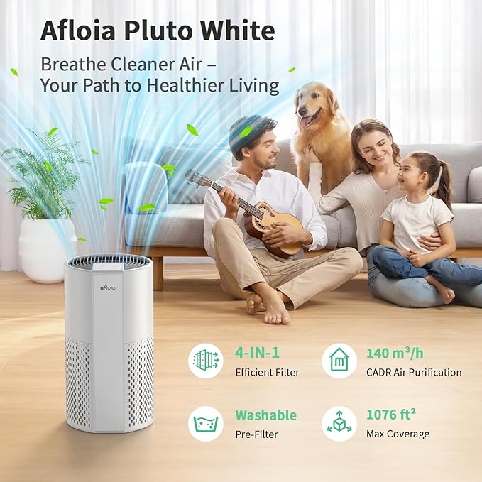 Afloia Air Purifier for Home Bedroom Up to 1076 ft², 4 Stage Filter with Washable Pre Filter for Pets, Quiet Operation, Removes Pet Dander, Hair, Pollen, Dust, Mold, Allergies and Smoke, Pluto White