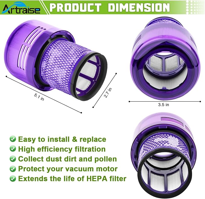 Artraise 2 Pack V15 Filter Replacement Compatible with Dyson V11 Torque Drive Animal Complete Extra Detect Submarine (SV14, SV15, SV17, SV22, SV28, SV47) Vacuum, Compare to Part 970013-02