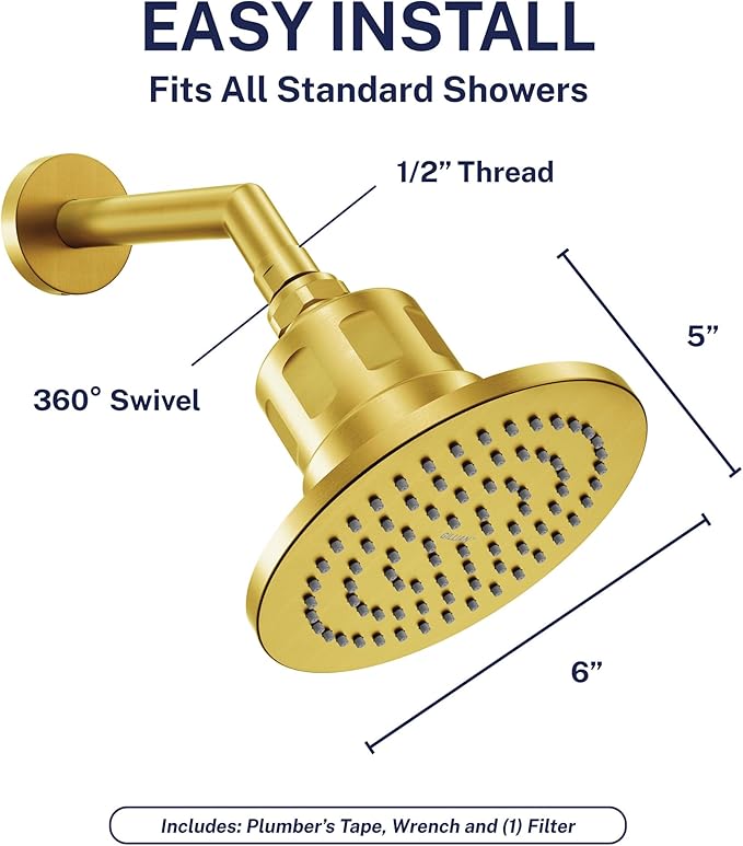 Gillian™ by HammerHead High Pressure Shower Head with Filter – Genuine KDF-55 Filtered Shower Head for Hard Water, Healthier Skin & Hair – Metal 6-Inch Rainfall Showerhead with Filters, Brushed Gold