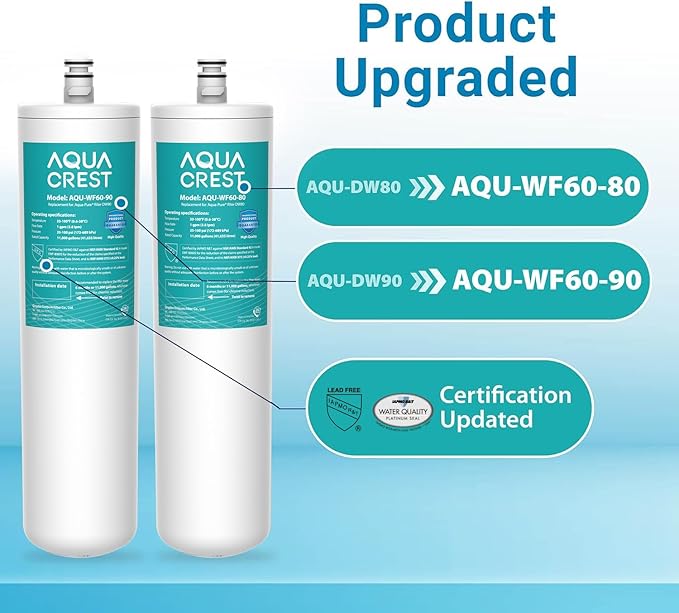AQUA CREST DW80/90 Under Sink Water Filter, Replacement for Aqua-Pure® AP-DW80/90, AP-DWS1000, Kohler K-201-NA, Kohler K-202-NA, NSF/ANSI 42 Certified, 2 Pack, Model No.WF60-80/90