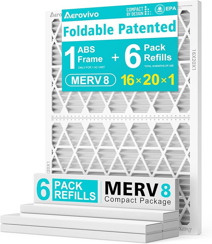 16x20x1 MERV8 Refillable Air Filter Starter Kit, 1 Reusable Foldable Frame ＆ 6 Refills, Perfect for Most AC HVAC Furnace Devices, Actual Size 15.75x19.75x0.75in