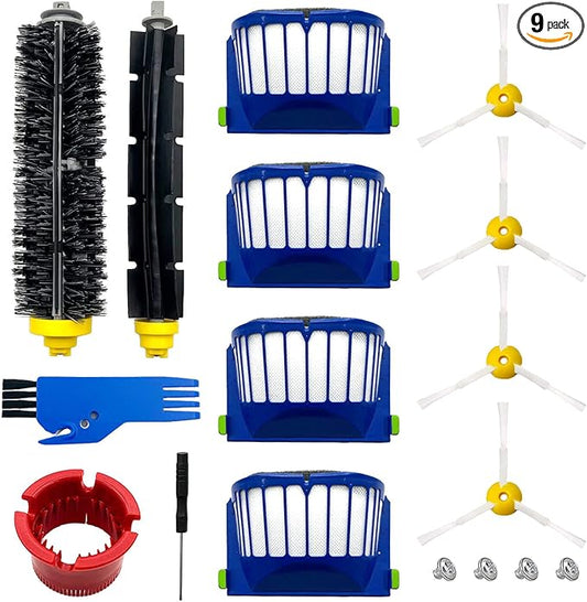 Rjnlsc 9 Pack Replacement Parts Accessories for irobot Roomba 600 500 Series 694 675 676 692 695 677 671 655 645 690 680 660 650 620 614 595 585 564 robot, 4 Filter 4 Side Brush 1Bristle&1Beater Brush