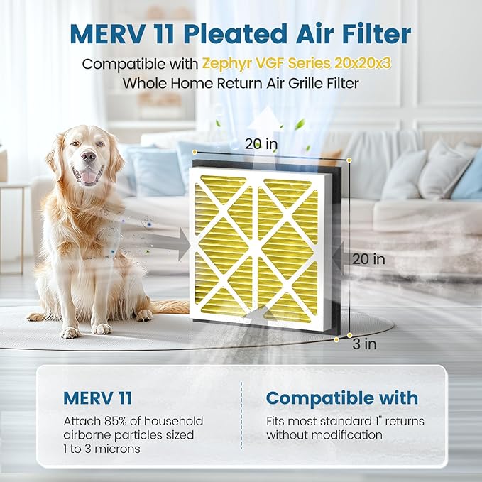 20x20x3 MERV 11 Air Filter Compatible with Zephyr VGF Series 20x20x3 Whole Home Deep Pleated Return Air Grille Filter, MERV 11 Air Filtration System, Yellow (2 Pack)