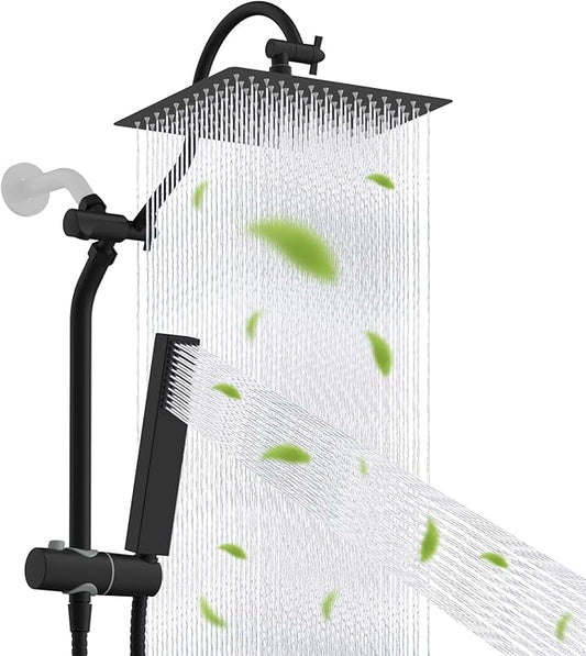 Hibbent cUPC Certified High Pressure 12'' Rainfall Shower Head, Showerhead Combo with 4-mode Handheld Spray, 12'' Adjustable Extension Arm, Extension Bar, Easy Reach Holder, 71'' Hose, Matte Black