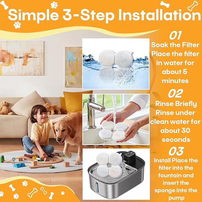 12+12 Pack Dog Water fountain Filters Compatible with Chumajor Wireless 7.5L/254oz/2Gal Dog Water Fountain, Multi-Layer Filtration for Large Dog Water Bowl Dispenser, Includes 12 Filters & 12 Sponges