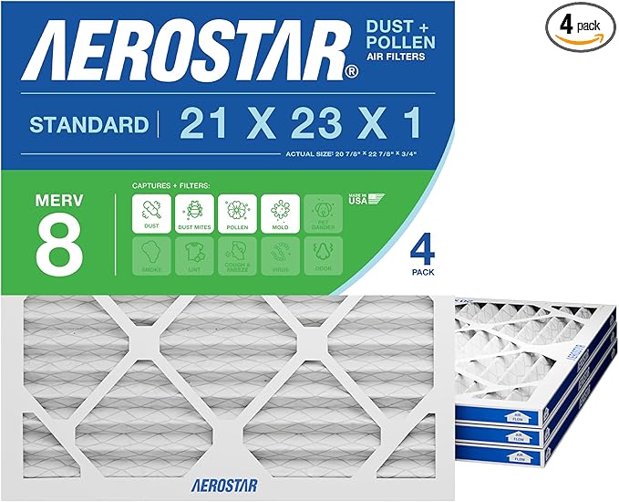 Aerostar 21x23x1 MERV 8 Pleated Air Filter, 4 Pack, AC Furnace Filters, HVAC Filter, Air Conditioner Filters, Heater Filters Replacement for Home (Actual Size: 20.875x22.875x0.75)