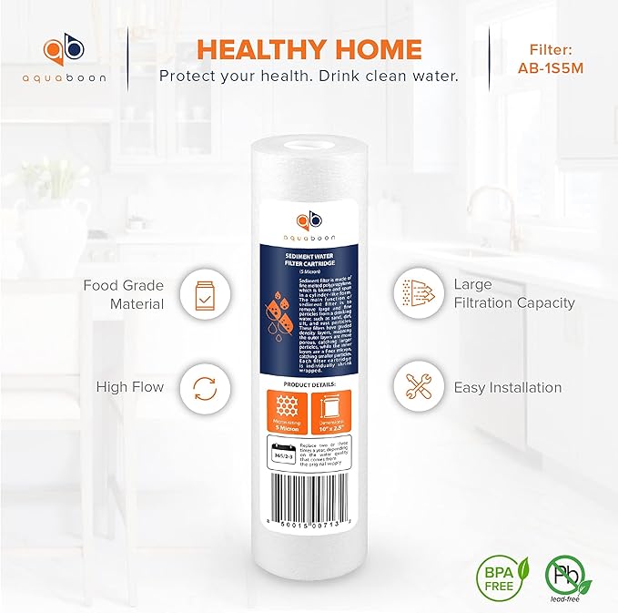 Aquaboon 5 Micron 10 x 2.5 Sediment Filter - Whole House Water Filter Replacement Compatible with Well Water Filters - P5, AP110, WHKF-GD05, 6 Pack