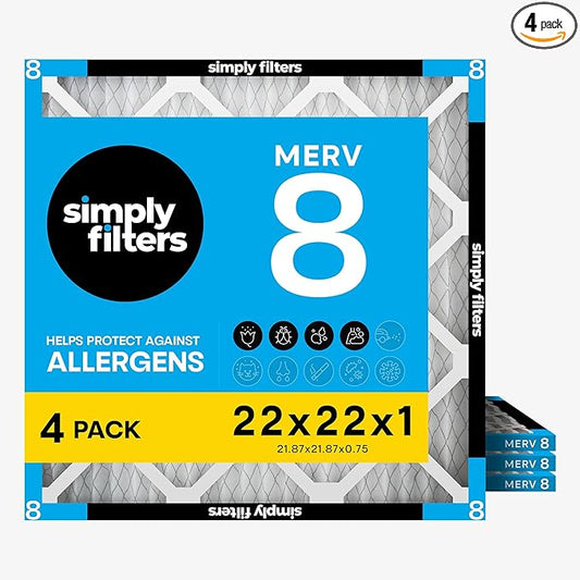 Simply 22x22x1 Air Filter, Merv 8, 4 Pack, For Home AC Furnace & HVAC (Actual Size: 21.87"x21.87"x0.75") DUST, Pet & Allergy Control,