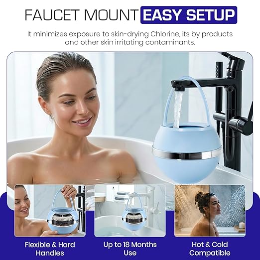 Crystal Quest Bath Ball Filter for Tub Faucet, Bathtub Water Filter, BPA-Free Bathtub Filter, Removes Chlorine, Lead & Impurities, Improves Skin, Hair & Nails, with Extra Cartridge - Blue