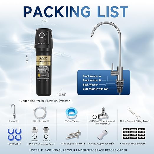 AQUALTRA USF01-BKF Under Sink Filter System, 12K Gal with Faucet, NSF/ANSI/CAN 372 Certified, Reduce PFOA, PFOS, Chlorine, Lead, Mercury, Chloramine, Fluoride, Microplastic Particles, Bad Taste & Odor