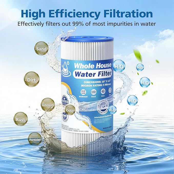 5 Micron 10" x 4.5" Whole House Water Filter Compatible with GE FXHSC, GXWH40L, Plumber W50PEHD, Culligan R50-BBSA, Pentek R50-BB, W10-PR, DuPont WFHDC3001, W50PEHD, High Flow Sediment Filters, 4 Pack