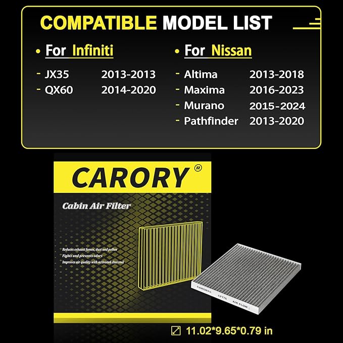 Cabin Air Filter w/Activated Carbon for Nissan Altima 2013-2018, Maxima 2016-2023, Murano 2015-2024, Pathfinder 2013-2020, Infiniti QX60 2014-2020, JX35 2013