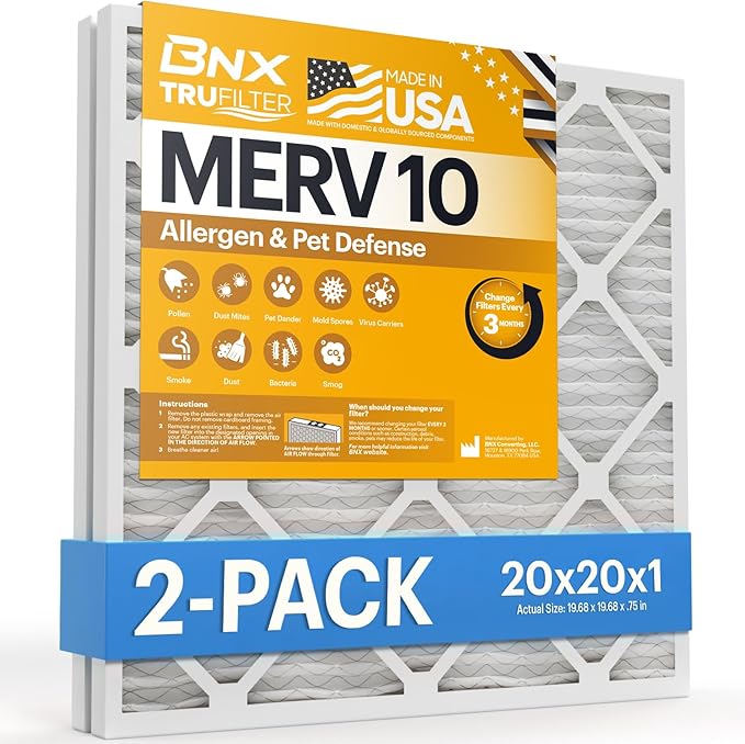BNX TruFilter 20x20x1 MERV 10 (2-Pack) AC Furnace Air Filter - MADE IN USA - Pleated Air Conditioner HVAC AC Furnace Filters - Removes Odor, Mold, Bacteria, Smoke