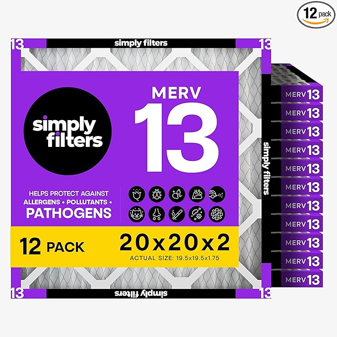 Simply 20x20x2 Air Filter, MERV 13, 12 Pack, Furnace Air Filter for HVAC (Actual Size: 19.5"x19.5"x1.75") DUST, Pet & Allergy Control