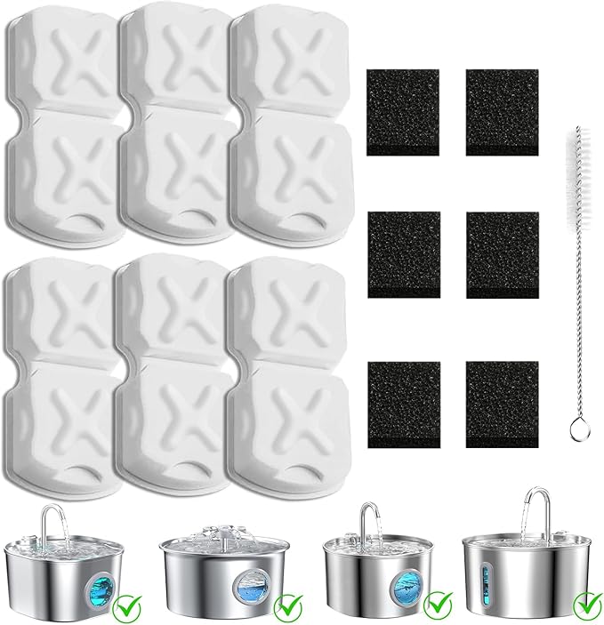 Cat Water Fountain Filter Replacement Kit - 6 Cat Fountain Filters, 6 Sponges & 1 Brush, Compatible with Stainless Steel Pet Fountains