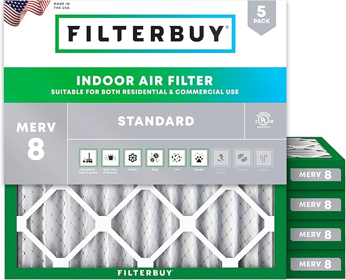 Filterbuy 14x14x2 Air Filter MERV 8 Essential Dust & Allergy Defense (5-Pack), Electrostatic Pleated HVAC AC Furnace Filters Replacement, Made in USA (Actual Size: 13.50 x 13.50 x 1.75)