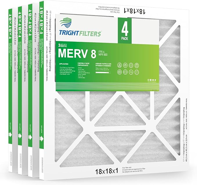 TRIGHTFILTERS 18x18x1 Air Filter 4 Pack, Durable MERV 8 Pleated Home HVAC AC Furnace Filters, Lightweight Compact Air Conditioner Filter Replacement
