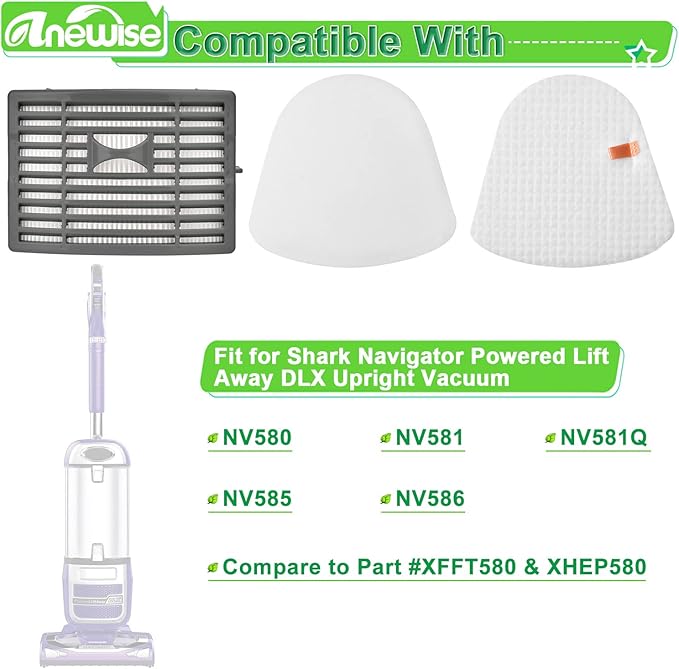 Anewise Filter Replacement for Shark Navigator NV586 NV581 NV581Q NV585 NV580 Powered Lift Away DLX Upright Vacuum Cleaner, Compare to Part # XFFT580 & XHEP580, 2 HEPA Post +4 Foam & Felt Filters