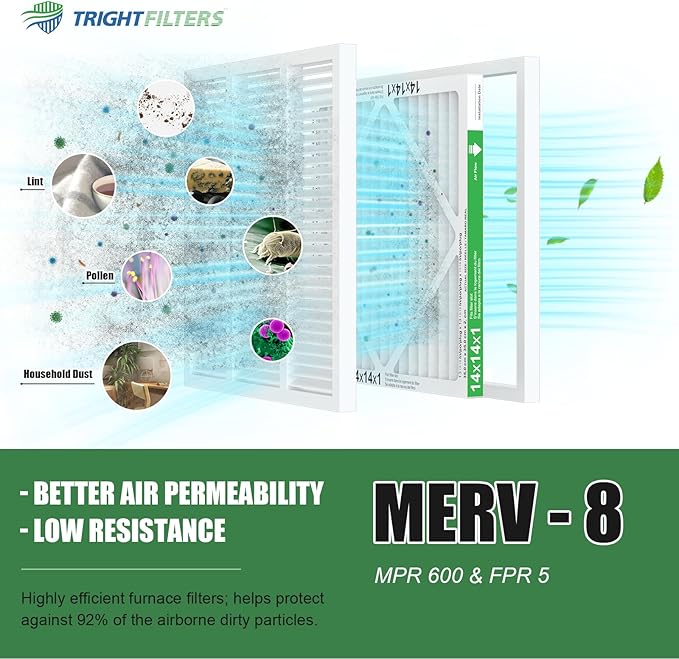 TRIGHTFILTERS 14x14x1 Air Filter 4 Pack, MERV 8 Pleated Dust Defense Air Filters Replacement Air Conditioner HVAC AC Furnace Filter, Durable and Lightweight