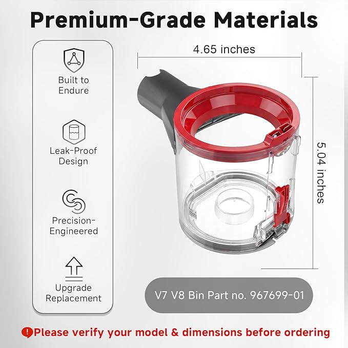 Lemige Upgraded V7 V8 Dust Bin Canister Replacement Parts for Dyson V7 V8 SV10 SV11 SV25 Cordless Vacuum Cleaner, For Dyson Vacuum Attachments No. 967699-01, Prevents Leakage and Restore Suction