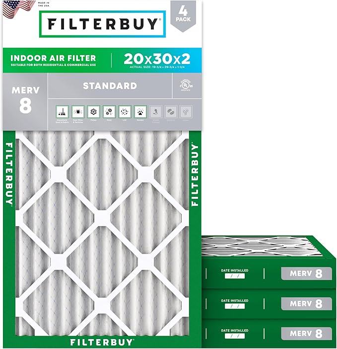 Filterbuy 20x30x2 Air Filter MERV 8 Essential Dust & Allergy Defense (4-Pack), Electrostatic Pleated HVAC AC Furnace Filters Replacement, Made in USA (Actual Size: 19.75 x 29.75 x 1.75)