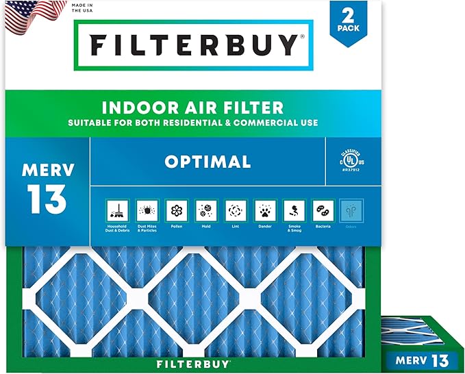 Filterbuy 19x19x1 Air Filter MERV 13 Optimal Smoke & Allergy Defense (2-Pack), Electrostatic Pleated HVAC AC Furnace Filters Replacement, Made in USA (Actual Size: 19.00 x 19.00 x 0.75)