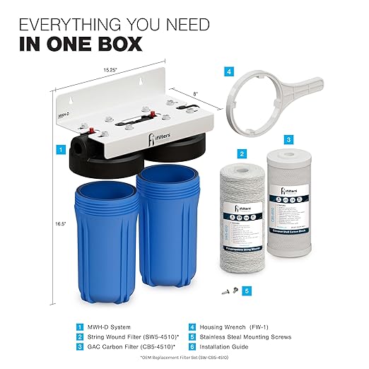 iFilters Whole House Filtration System Complete Dual Stage Sediment Chlorine Taste Odor VOC's, 1" Ports, Multicolor