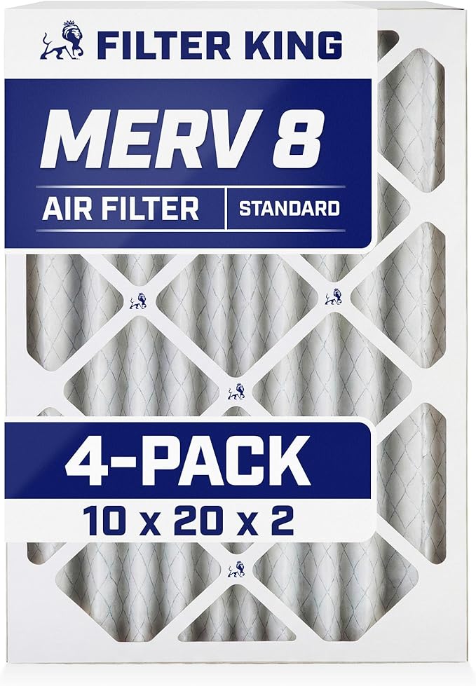 Filter King 10x20x2 Air Filter (MERV 8) (4-Pack) Dust & Allergy Control AC Furnace Filters, MADE IN USA, HVAC, Pleated, Electrostatic (Actual Size: 9.5 x 19.5 x 1.75)