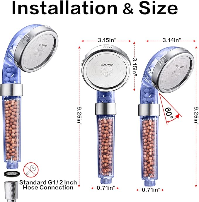 Nosame® Shower Head with Hose and Braket, Filter Filtration High Pressure Water Saving 3 Mode Function Spray Handheld Showerheads for Dry Skin & Hair