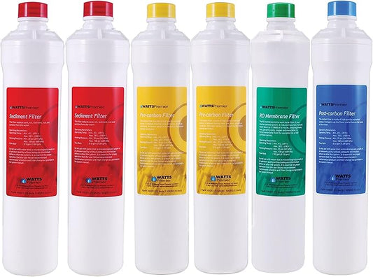 Watts Premier Annual RO Pure 6-Pack Filtration Kit for Zero/Pure Plus Reverse Osmosis System, Push Button Water Filter Replacement, 2 Sediment Filters, 2 Carbon Pre-Filters, 1 Post-Filter, Membrane