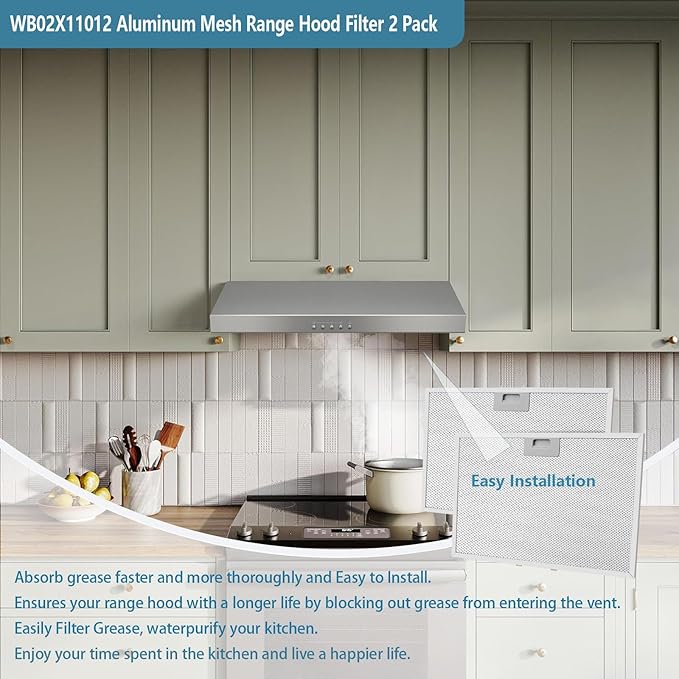 WB02X11012 Range Hood Filter 17.5" x 11.6" Replacement For GE Range Hood JV566H1SS JV665H1BB JV665H1CC JV665H1WW Kitchen Exhaust Fan Stove Hood Vent Filter 5-Layer Aluminum Mesh Grease Filter 2 Pack