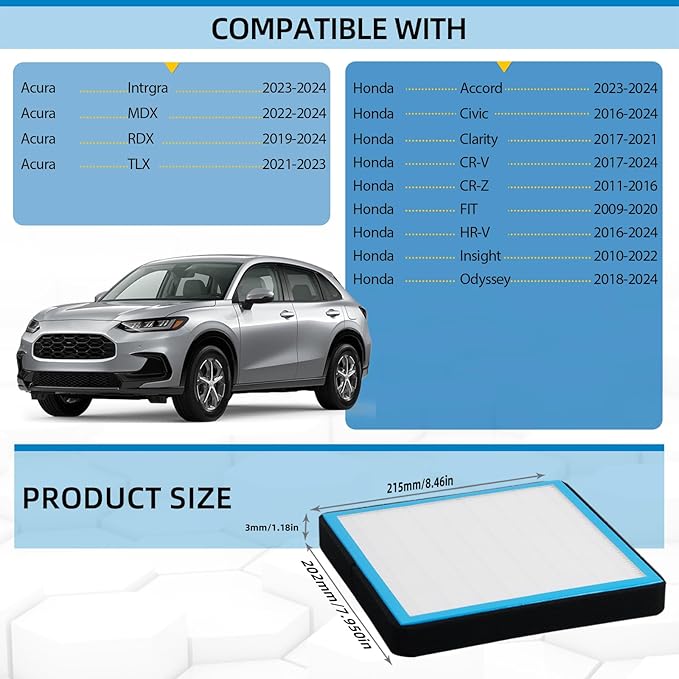 HEPA Cabin Air Filter replacement CF11182 Compatible with Honda Civic 2016-2022,CR-V 2017-2022,CR-Z 2011-2016,FIT 2009-2020,HR-V 2016-2022,Insight 2010-2022,Odyssey2018-2022,Clarity;Acura MDX,RDX,TLX