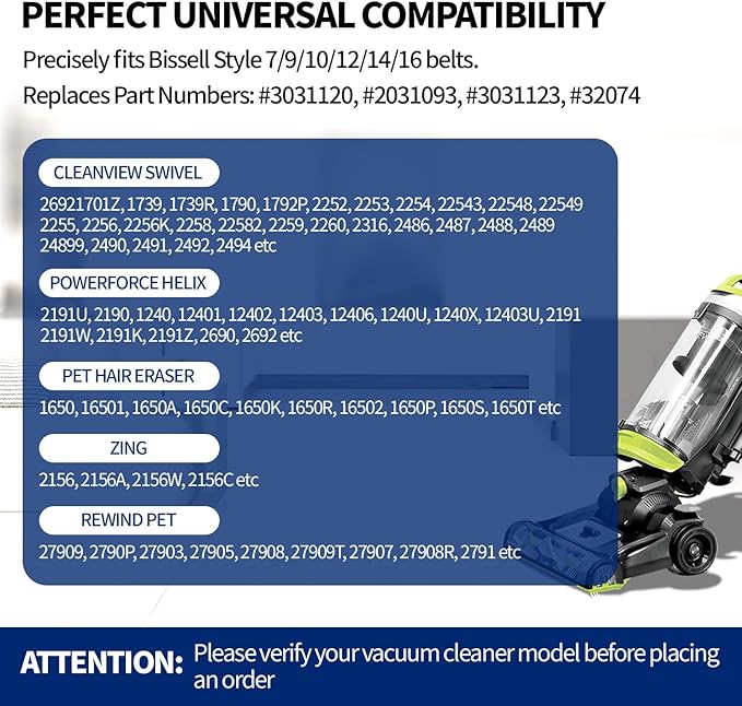 Vacuum Belt 4 Pack for Bissell Style 7/9/10 p/n 3031120#2031093#32074#3031123 PowerForce Helix Powerlifter CleanView Swivel Rewind Pet Vacuum Cleaner