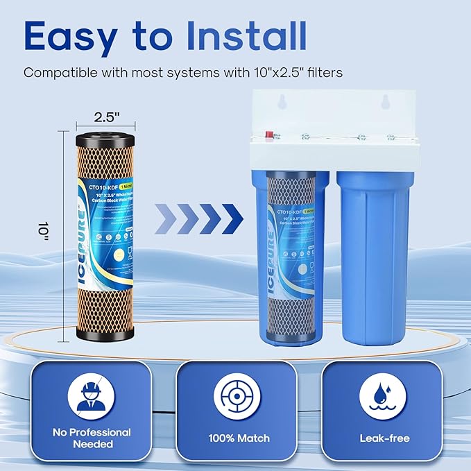 ICEPURE 1 Micron 2.5" x 10" Whole House Water Filter Coconut Shell Activated CTO Carbon and KDF Cartridge for Home, Compatible with WFPFC8002, WFPFC9001, FXWTC, SCWH-5, WHEF-WHWC, AMZN-SCWH-5, 3PACK