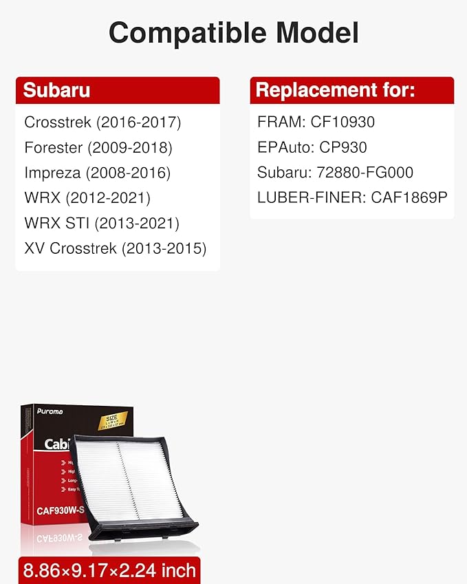 Puroma Cabin Air Filter, Replacement for CP930, CF10930, CAF1869P, Subaru: 72880-FG000, Compatible with Crosstrek, Forester, Impreza, WRX, WRX STI, XV Crosstrek