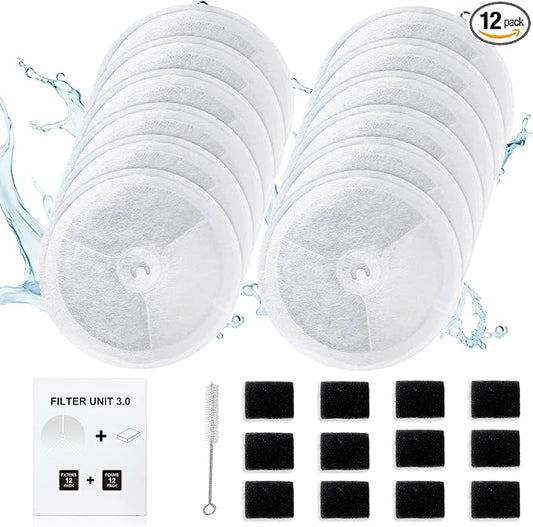 12 PCS Upgraded Filter Unit 3.0 Pet Cat Water Fountain Filters Fit For Solo 2/Solo SE, 3 Pro/2S/3, Including Replacement Filters and Replaced Foam Pump Filter (12 pcs)