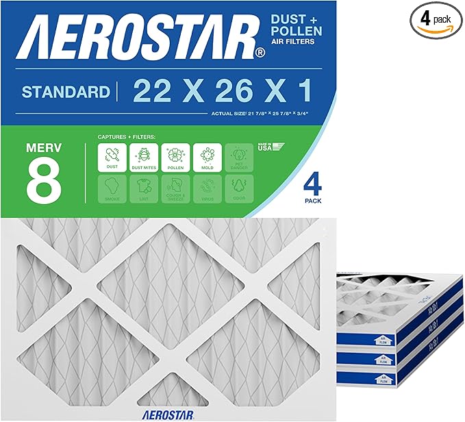 Aerostar 22x26x1 MERV 8 Pleated Air Filter, 4 Pack, AC Furnace Filters, HVAC Filter, Air Conditioner Filters, Heater Filters Replacement for Home (Actual Size: 21.875x25.875x0.75)