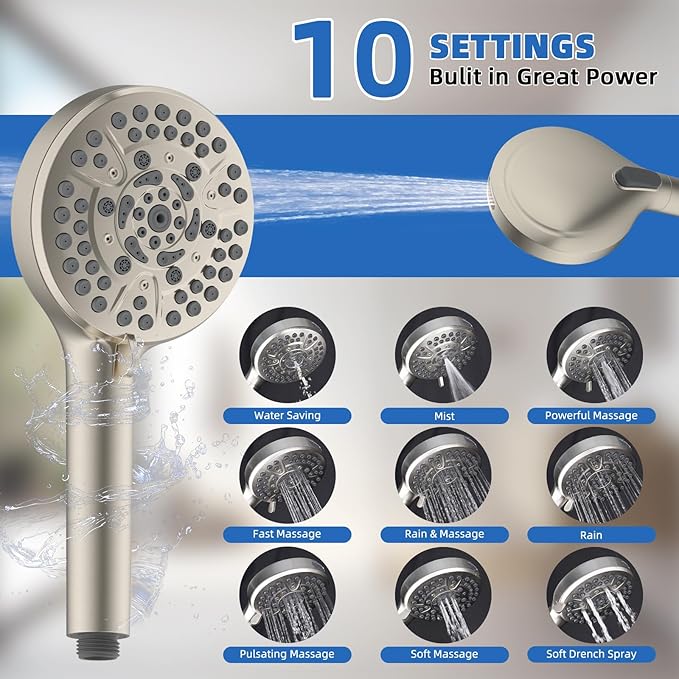 All Metal Shower Head, 10" High Pressure Rainfall/Handheld Shower Combo with 11" Extension Arm, 10-Spray Handheld Showerhead, 71" Long Hose, 3-Way Diverter Valve, Brushed Nickel