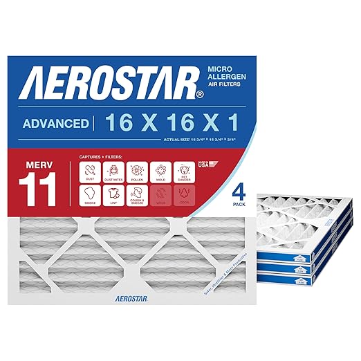 Aerostar 16x16x1 MERV 11 - 4 Count - Pleated HVAC, Furnace & Air Conditioner Filters - Removes Dust, Cold & Flu Germs, Lint, Mold, Pet Dander, Allergy-Causing Pollen, Smog & Smoke