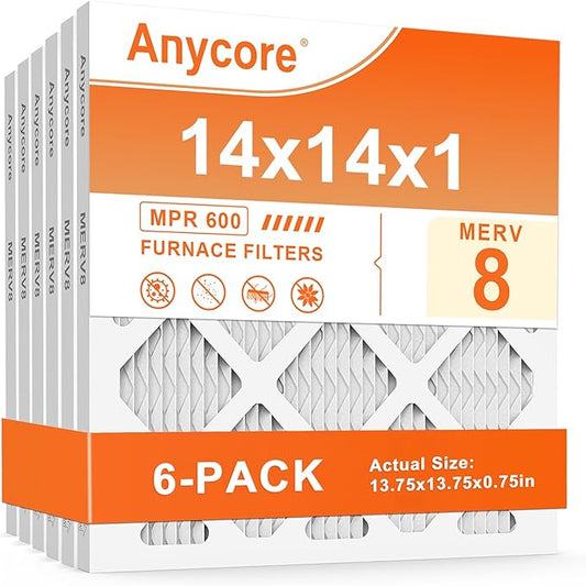 14x14x1 Air Filter 6 Pack MERV 8 HVAC AC Furnace Pleated Air Filters for Home Office MPR 600 FPR 5 (Actual Size: 13.75x13.75x0.75 inch)