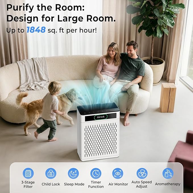 Airtok Air Purifiers for Home Large Room Up to 1848sq.ft, HEPA Air Purifier for Bedroom, Pet Hair Air Cleaner with Washable Filter, Aromatherapy, Sleep Mode Air Cleaners for Smoke, Office-AP3001 White
