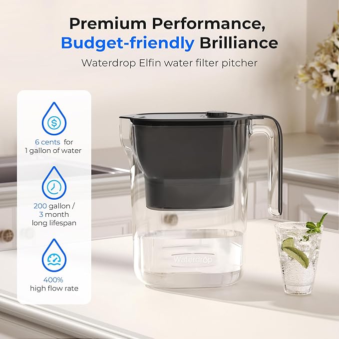 Waterdrop PT-05BL-L Water Filter Pitcher, 7-Cup, NSF Certified, 200-Gallon Long-Life Filter Purifier, Reduces Chlorine and PFOA/PFOS, for Countertop, Replaces 6,400 Plastic Water Bottles a Year, Black
