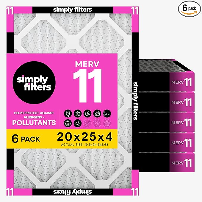 Simply 20x25x4 Air Filter, MERV 11, 6 Pack, Furnace Air Filter for HVAC (Actual Size:19.5"x24.5"x3.63") DUST, Pet, & Allergy Control