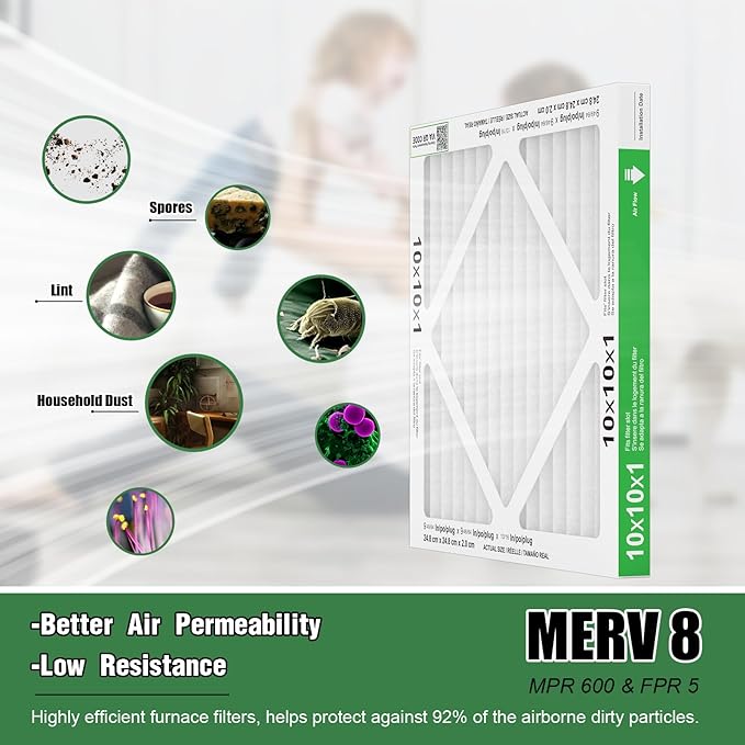 TRIGHTFILTERS 10x10x1 Air Filter 6 Pack, Durable MERV 8 Pleated Home HVAC AC Furnace Filters, Lightweight Compact Air Conditioner Filter Replacement