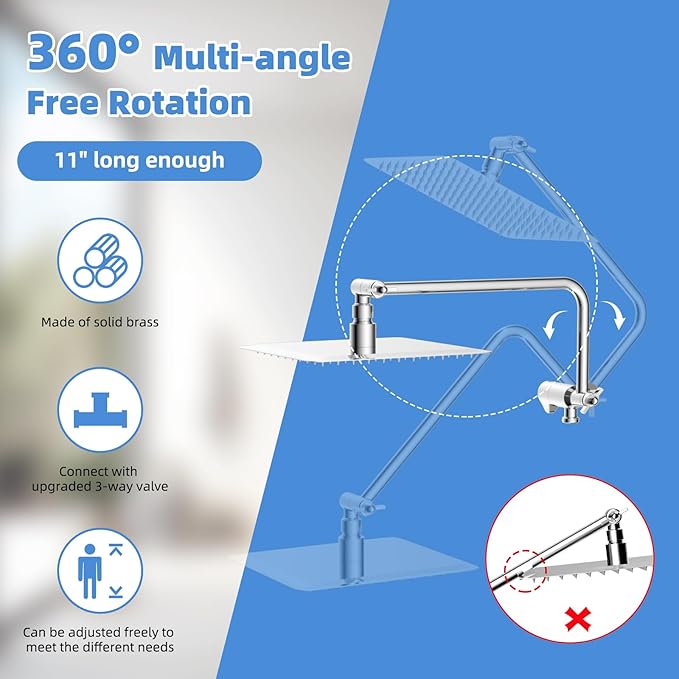 All Metal Shower Head, 8" High Pressure Rainfall/Handheld Shower Combo with 11" Extension Arm, 10-Spray Handheld Showerhead, 71" Long Hose, 3-Way Diverter Valve, Chrome