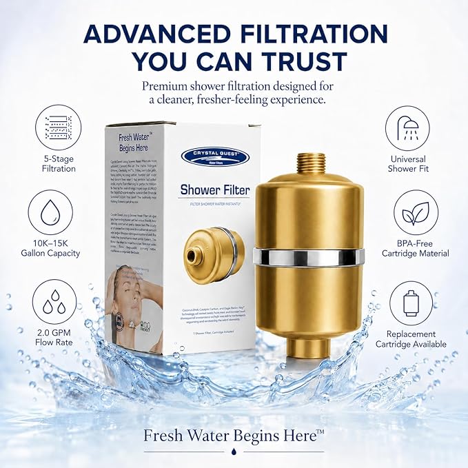 Crystal Quest Shower Filter, Shower Head Filter for Hard Water, Shower Water Filter Removes Chlorine, chloramines & VOCs, Filter Shower Head, Improves Skin & Hair, Long-Lasting - ISO Certified, Gold